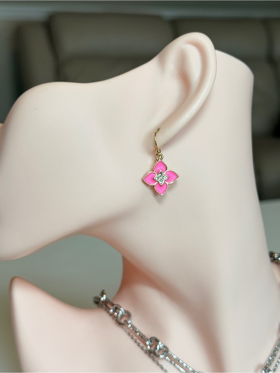 Anthropologie Jewelry - Gold Pink Enamel Flower Drop Earrings with CZ